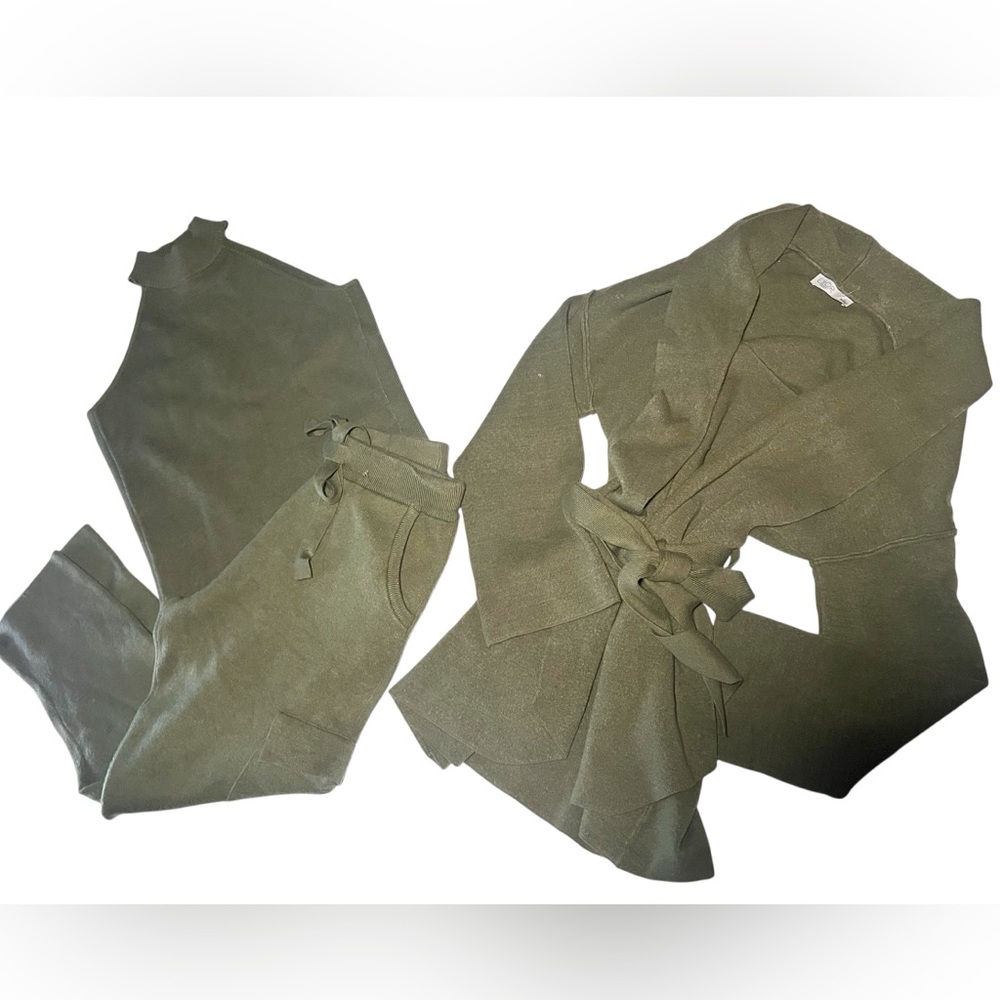 Ellor Olive Green Knit 3pccardigan And Pants Set S View 3